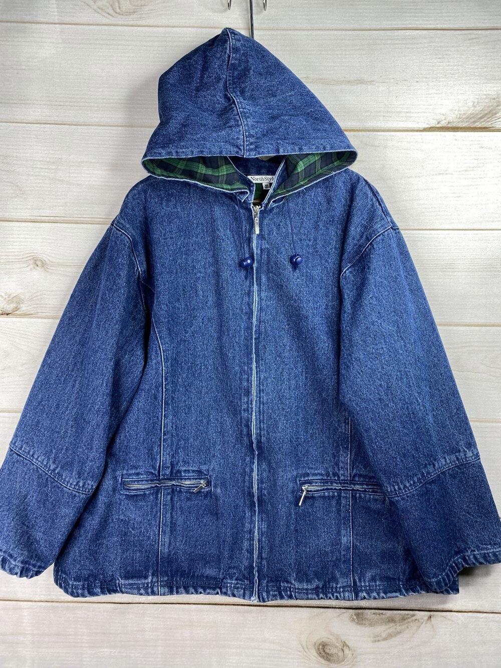 Vintage Denim Chore Coat Jacket 2X Plaid Lined Hooded Barn Trucker NorthStyle